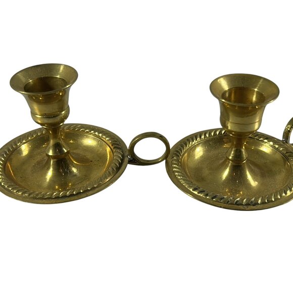 Vtg 2 Solid Brass Candle Holder Chamberstick Candlestick Finger Ring Loop - Picture 3 of 6